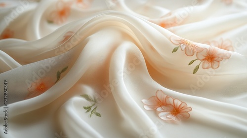 Soft, flowing silk fabric in warm light creates an elegant texture and visual...