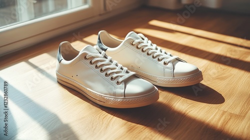 Stylish white sneakers on wooden floor with natural sunlight illuminating the...