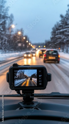 Vehicles navigating a snow-covered road at twilight are recorded from the perspective of an interior dashboard camera photo