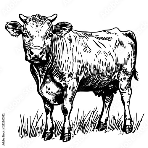 Elegant Illustration of Cartoon Cow Monochrome Art in High Detail, Sketch, No Background 