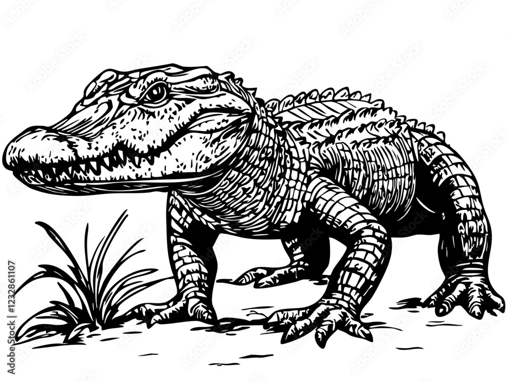 Fototapeta premium Elegant Illustration of Cartoon Crocodile Monochrome Art in High Detail, Sketch, No Background