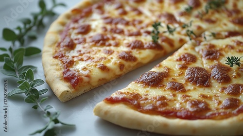 Delicious cheese pizza topped with herbs on a marble surface ready to be served