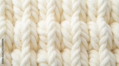 A close-up, full-frame background of chunky knitted wool in a creamy white color. The texture is thick and woven, showing detailed loops and stitches