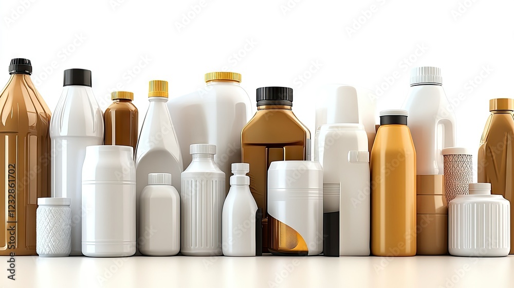 Various plastic and glass containers arranged on a white surface showcasing different shapes and sizes Various plastic and glass containers arranged on a white surface showcasing different shapes and sizes