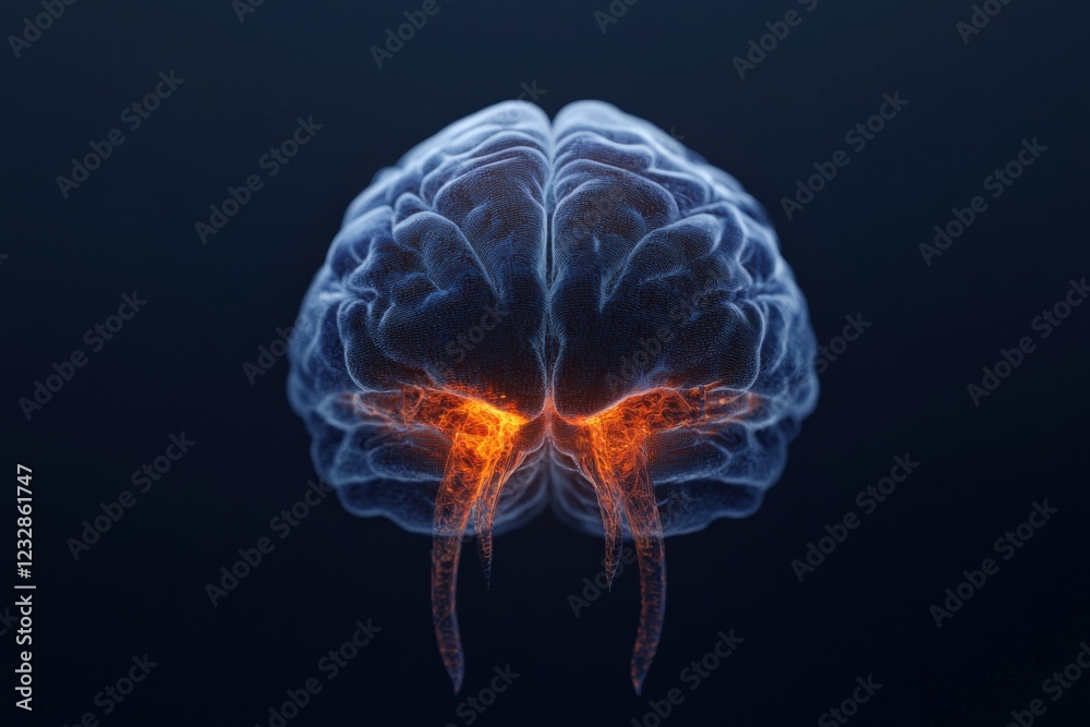 3d illustration of a human brain with glowing orange sections in the center. 3d illustration of a human brain with glowing orange sections in the center.