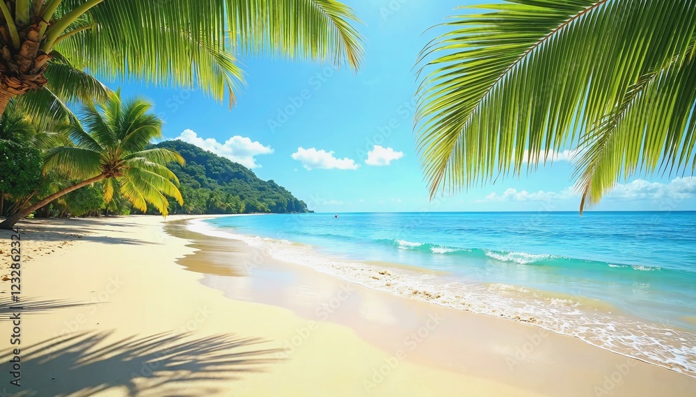 Fototapeta premium Serene tropical beach with golden sand and turquoise water framed by palm leaves