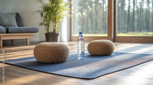Relaxing wellness space with yoga mat and water bottles surrounded by indoor ...