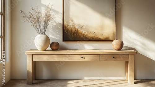 Wooden table with a drawer designed for modern interior spaces in natural woo...