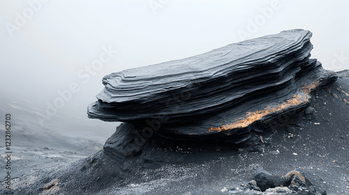 Volcanic rock formation, misty landscape, geological wonder, nature background, travel photo