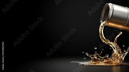 A metallic container tips over, causing vibrant liquid to pour out and create captivating splashes across a dark surface photo