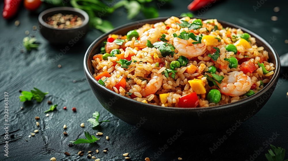 Chinese fried rice with colorful vegetables and shrimp, served in a traditional bowl Chinese fried rice with colorful vegetables and shrimp, served in a traditional bowl