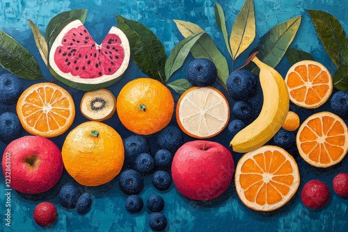 Colorful fruit arrangement on blue background showcasing various fresh fruits...