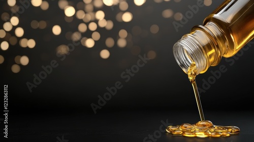 Wallpaper Mural Golden liquid slowly cascades from a bottle, creating a beautiful shimmer against a dark background filled with soft bokeh lights Torontodigital.ca