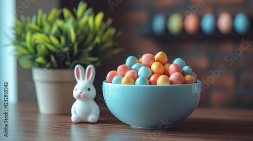 Colorful candy-filled bowl with decorative bunny and plant on wooden table in...