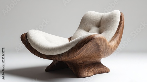 Unique wood and fur lounge chair in a modern minimalist living room with larg...