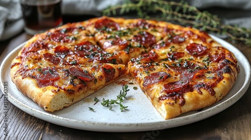 Delicious pepperoni pizza topped with fresh herbs served on a rustic wooden t...