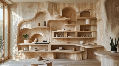 Unique pottery collection displayed on wooden shelves in a minimalist studio ...