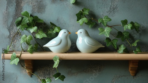 Ceramic birds on a wooden shelf surrounded by green ivy plant