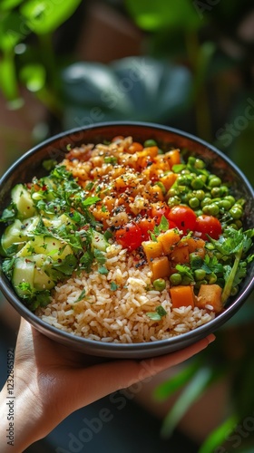 Colorful vegetarian bowl featuring rice, fresh vegetables, and herbs in a lus...