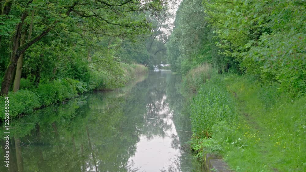 Serene canals reflect tranquil greenery in suburban landscape