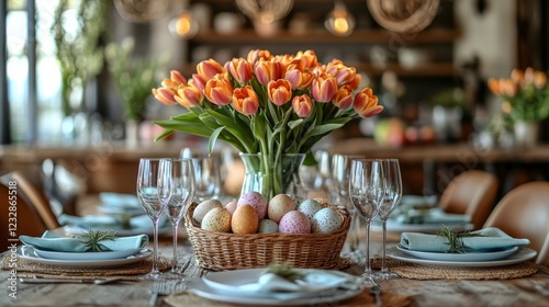 Elegant spring table setting with pink tulips and pastel decorations for a fe...
