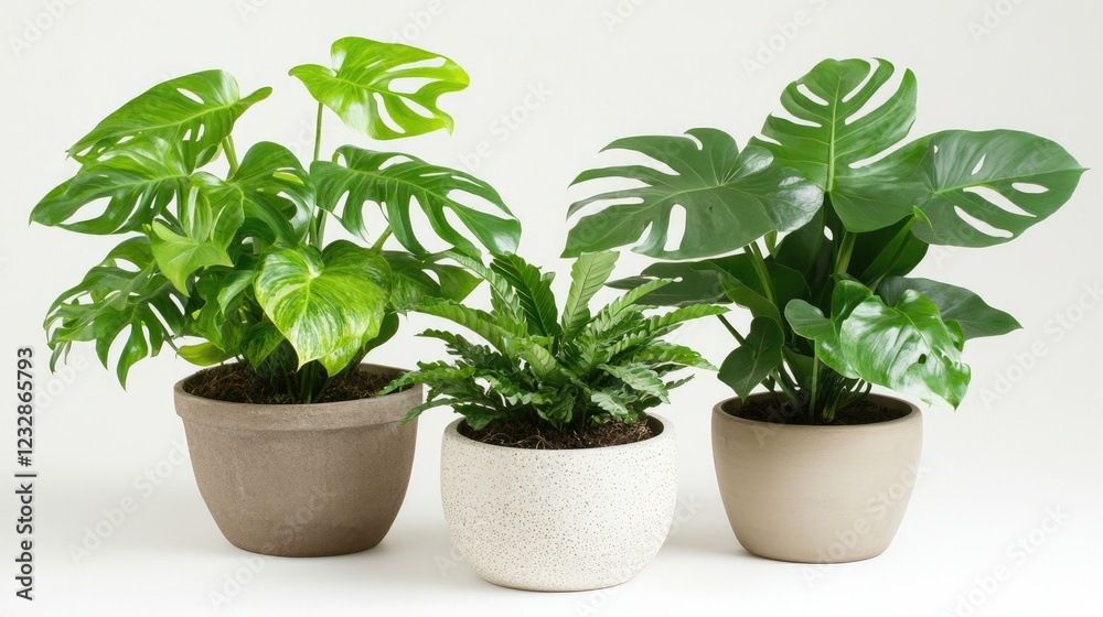 Three potted plants with vibrant green foliage Three potted plants with vibrant green foliage