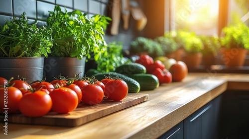 Fresh fruits and vegetables on a kitchen countertop ready for preparation
