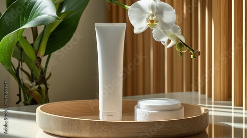Elegant skincare products displayed on a bamboo tray with an orchid in a sere...