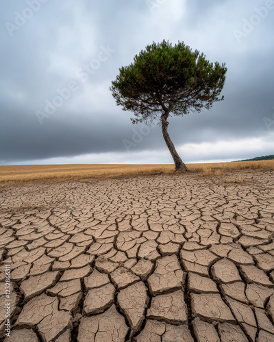 solitary tree stands in dry, cracked field under cloudy sky, symbolizing resilience