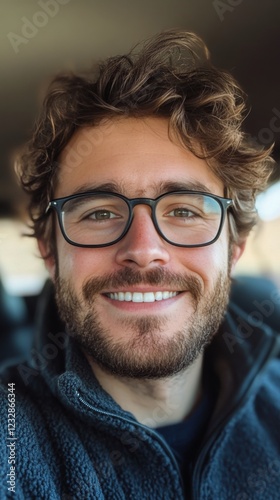 Man with curly hair and glasses smiles indoors, showcasing relaxed atmosphere...