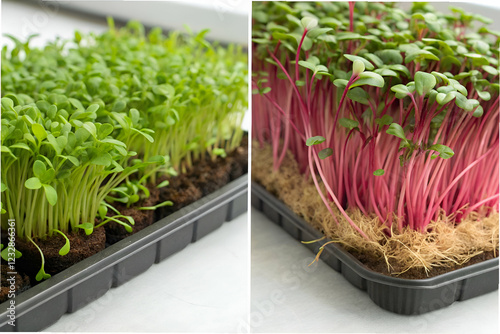 Microgreens Rooftop Farming, A vibrant display of microgreens, showcasing contrasting green and pink varieties, highlighting their healthy growth in separate trays. photo