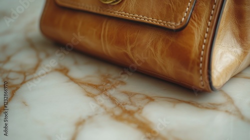 Stylish brown leather handbag resting on a marble surface in a well-lit indoo...