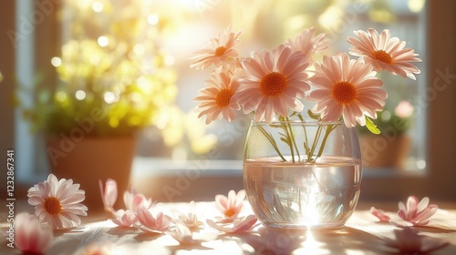 Bright daisies in a jar on a windowsill with soft sunlight illuminating the s...