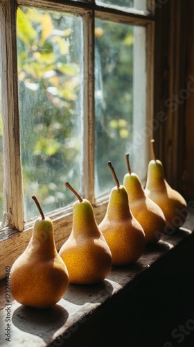 Fresh pears lined up on a windowsill catching warm sunlight in a rustic kitchen