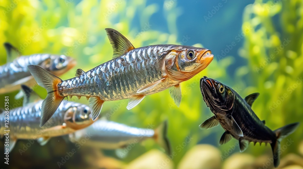 Silver And Black Fish Swimming In Aquarium Silver And Black Fish Swimming In Aquarium