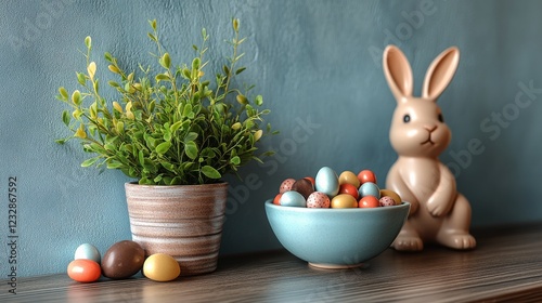Colorful candy-filled bowl with decorative bunny and plant on wooden table in...