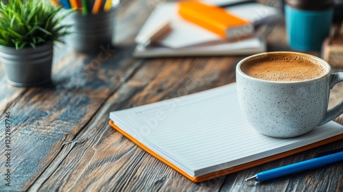 Coffee and notebook on a rustic wooden table in a cozy workspace during morni...