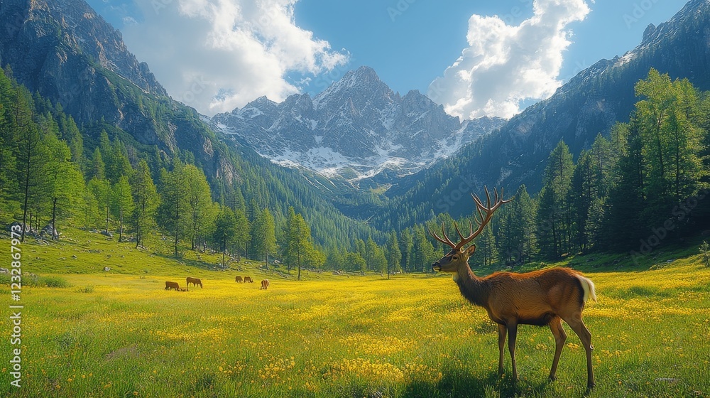 Naklejka premium Serene Alpine Meadow with Grazing Deer: A Tranquil Scene of Nature's Beauty and Wildlife Harmony