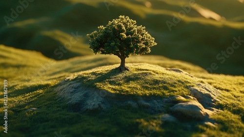 Solitary Tree on Grassy Hilltop at Sunset photo