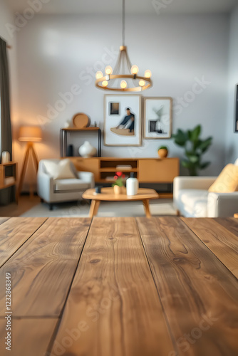 Wallpaper Mural Empty wooden table top with blurred living room interior background. Space for product display and montage. Torontodigital.ca