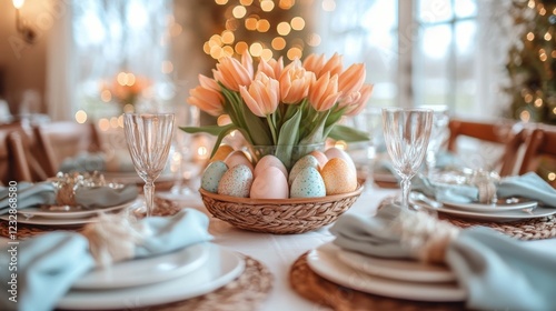 Elegant spring table setting with tulips and decorated eggs for Easter celebr...