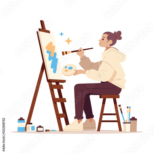 Artist creating a vibrant painting in the studio using colors and brush. A young woman artist sits on a stool, focused on painting a canvas. Vector cartoon illustration isolated on white background.
