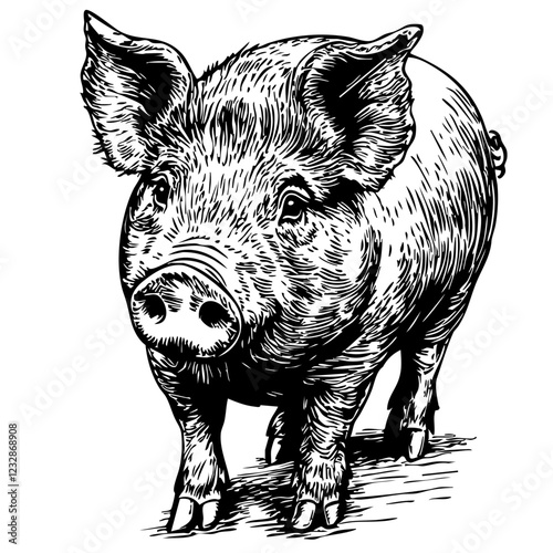 Monochrome Pig Exquisite Hand-Drawn Illustration, Sketch, No Background