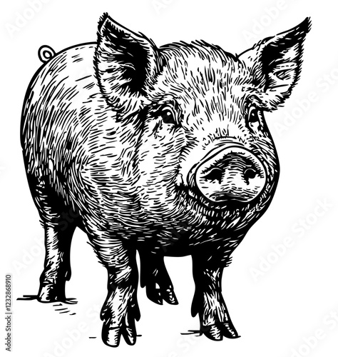 Monochrome Pig Exquisite Hand-Drawn Illustration, Sketch, No Background (2)