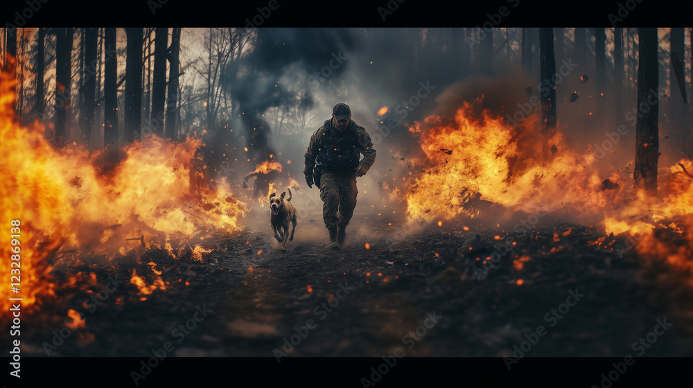 Fototapeta premium War veteran in a burning forrest