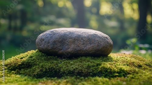 Smooth stone resting on vibrant green moss in a serene natural setting