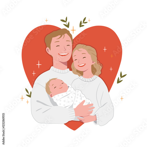 Happy parents and their newborn in a heartwarming embrace. Family couple holds their newborn baby swaddled in a blanket, surrounded by a heart design. Vector flat illustration on white.