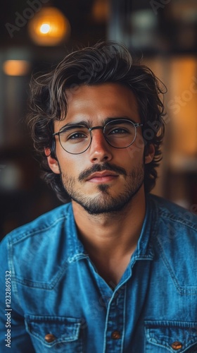 Young man with glasses wearing denim shirt, showcasing a serious expression i...