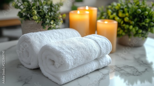Soft white towels arranged on a marble table beside candles and green plants ...