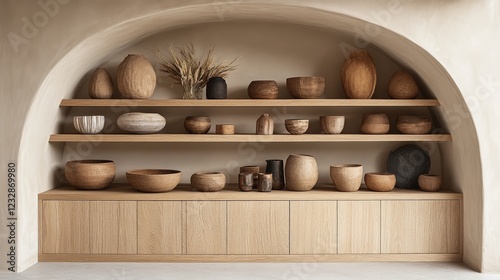 Natural wood and ceramic decorative pieces arranged on sleek shelves in a mod...